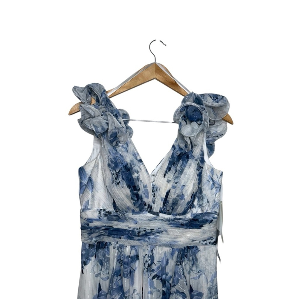 Eliza J Blue White Floral Ruffle Strap Maxi Flowy Spring Gown Prom Size 8 - Picture 7 of 15